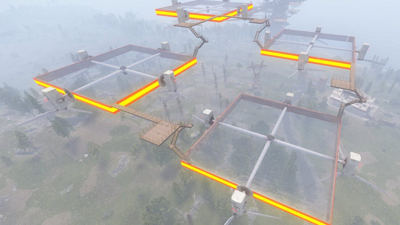 Square building platforms floating in mist, edged in glowing orange and joined by walkways, the Air Build Zone prefab for Rust