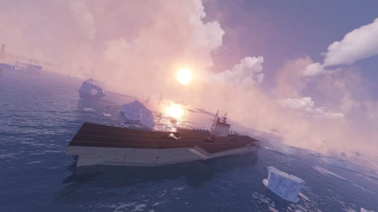 An aircraft carrier among icebergs on an open frozen sea at sunset, on the custom Rust map Sea Skull
