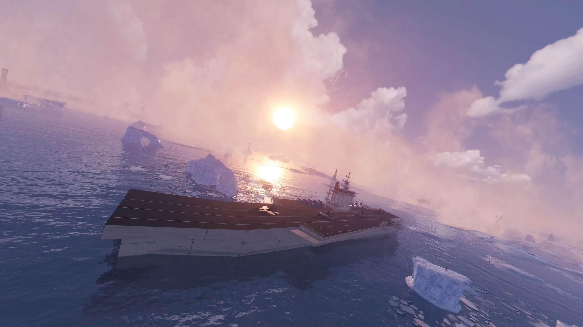 An aircraft carrier among icebergs on an open frozen sea at sunset, on the custom Rust map Sea Skull